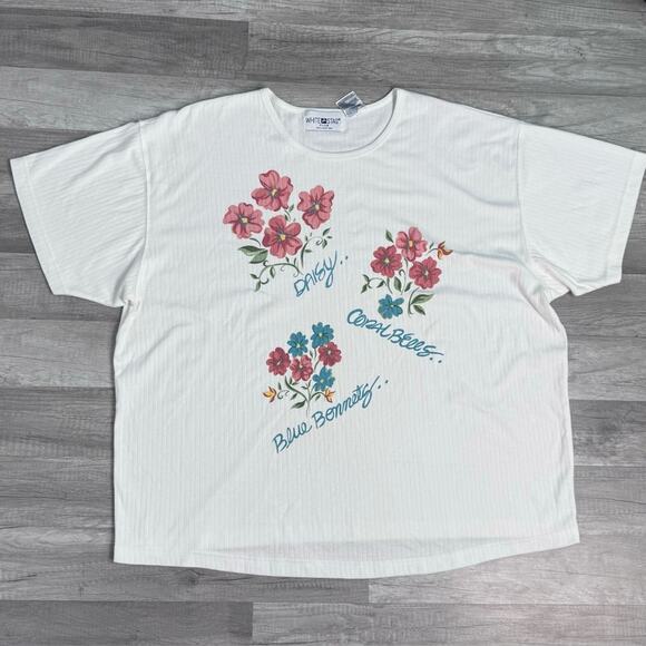 Vintage Ribbed White T-Shirt Flowers Cottagecore Grandmacore  Plus Size 24W /3X - Picture 1 of 6